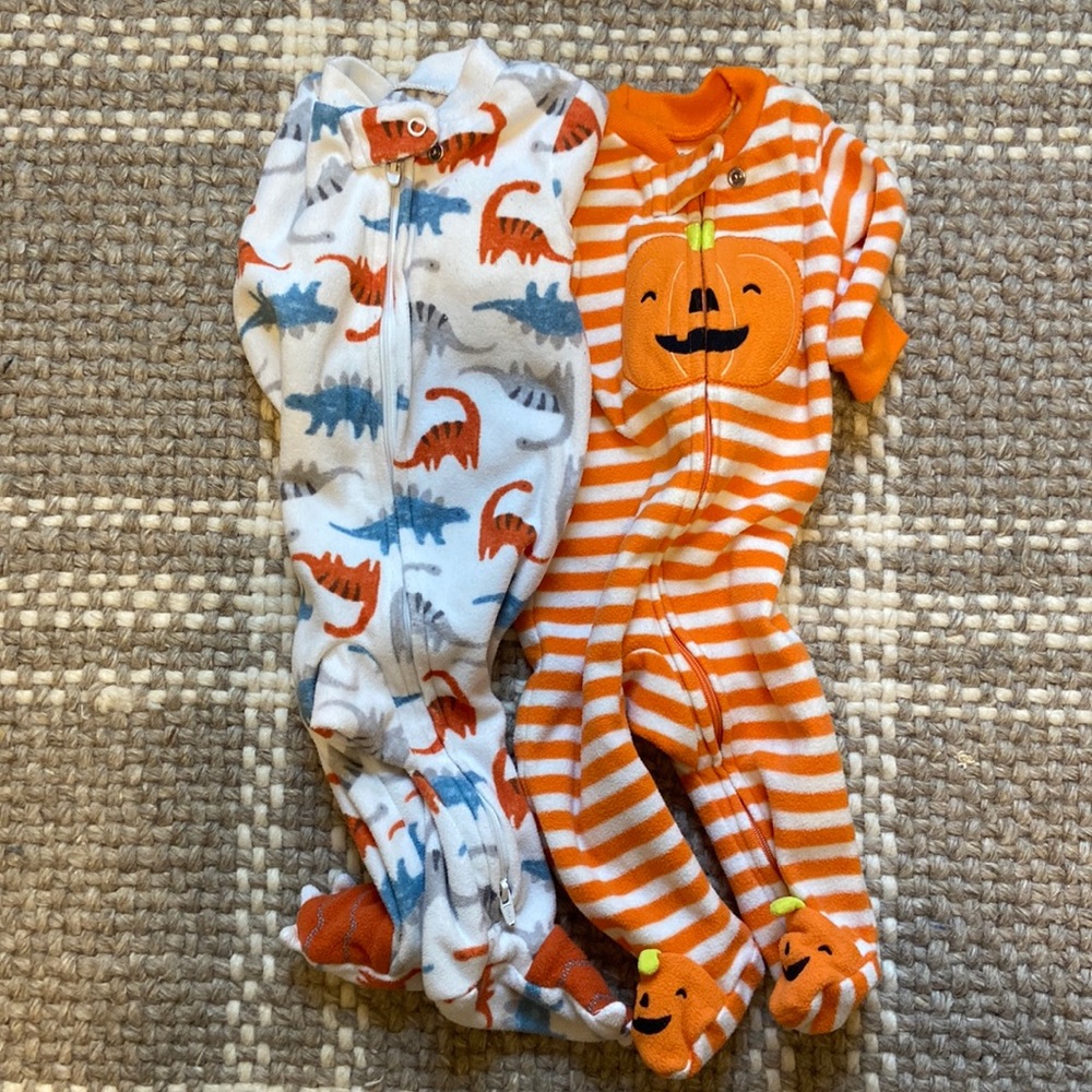 Pumpkin and Dino baby fleece zippered onesies. 3 months